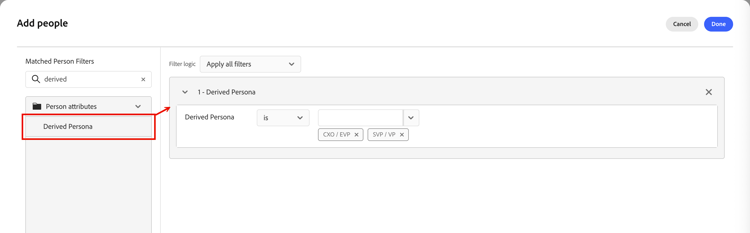 Derived persona filtering for a people list