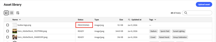 New image asset in processing status