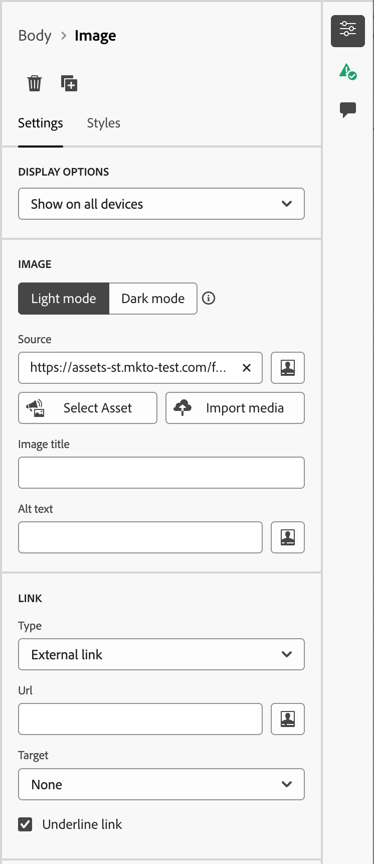 Edit the image component settings in the right panel