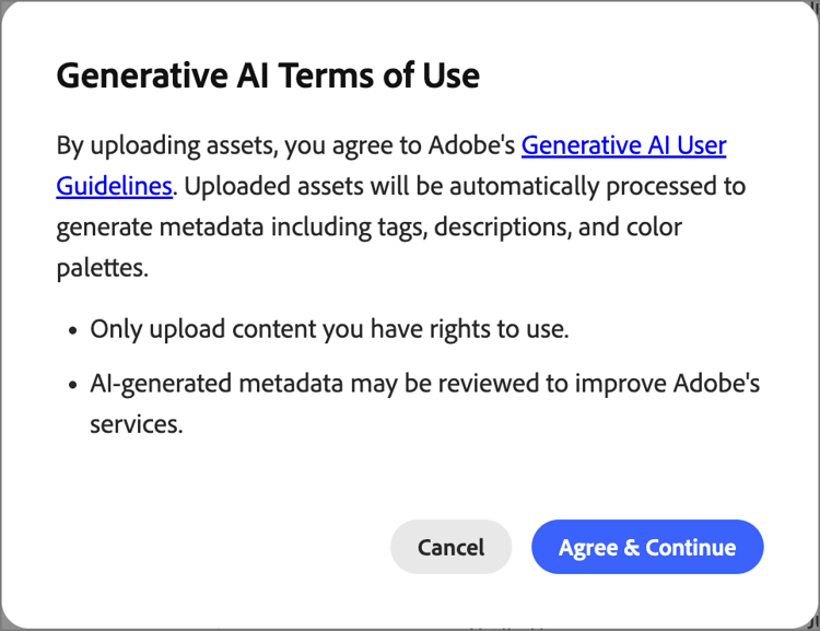 Generative AI Terms of Use agreement dialog in Assets library