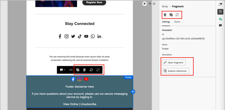 Apply actions to the selected fragment