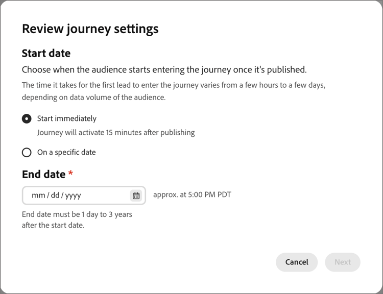 Review journey settings dialog