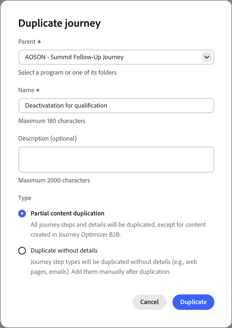 Duplicate journey dialog