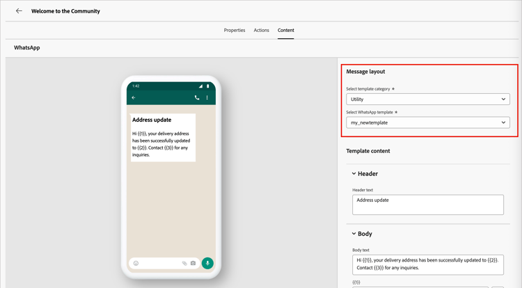 Selected WhatsApp message template with message loaded in the preview window