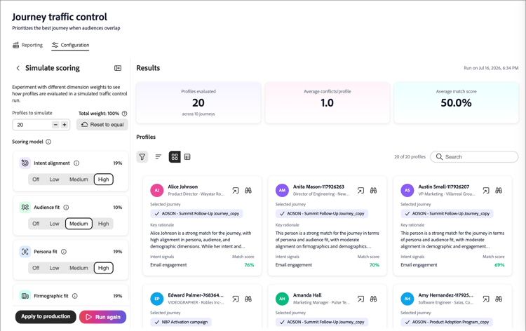 Journey traffic control - Configuration tab - Simulate scoring results