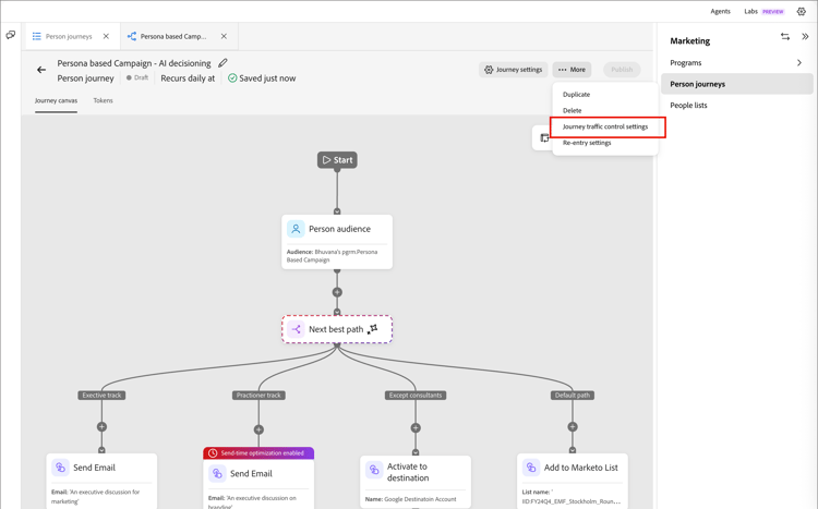 Journey traffic control - enable for draft person journey