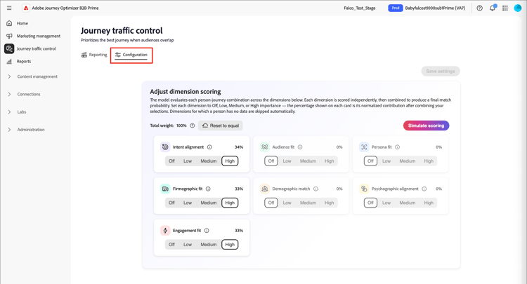 Journey traffic control - Adjust dimension scoring cards on the Configuration tab