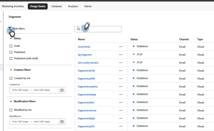 Filter the displayed fragments