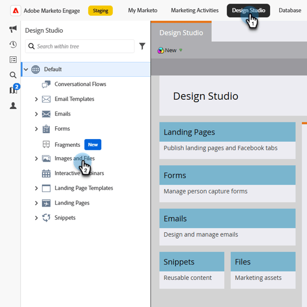 Selecting Images and Files in the left nav of Design Studio
