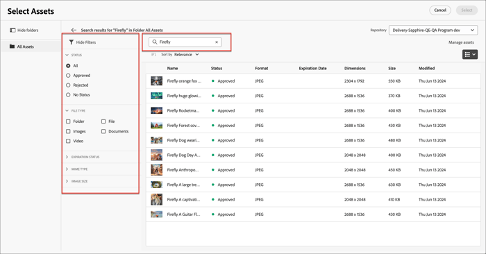 Use the filters and search field to locate the asset