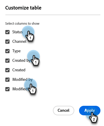 Customize table modal