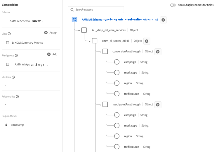 Screenshot of the conversionPassthrough and touchpointPassthrough objects in a schema for a model enabled for granular incrementality reporting