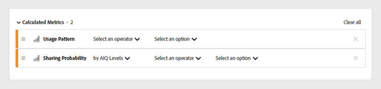 Select an operator and set a value for the added calculated metric