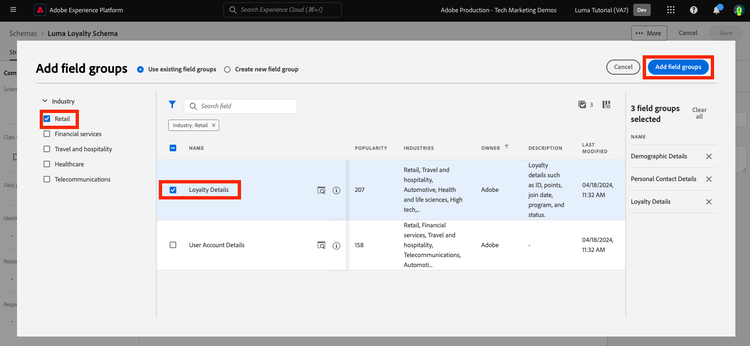 Add standard field groups to loyalty schema