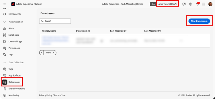 Select datastreams in the left navigation