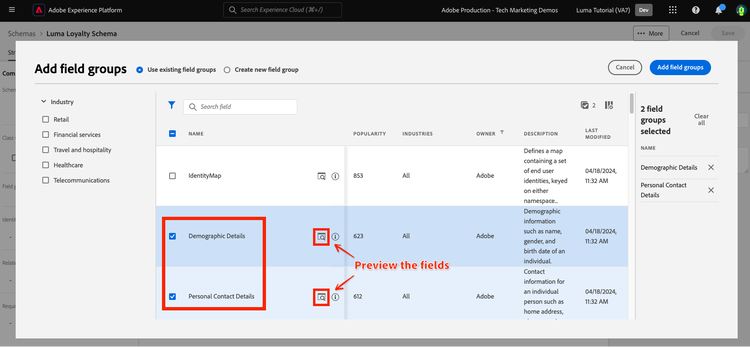 Select standard field groups