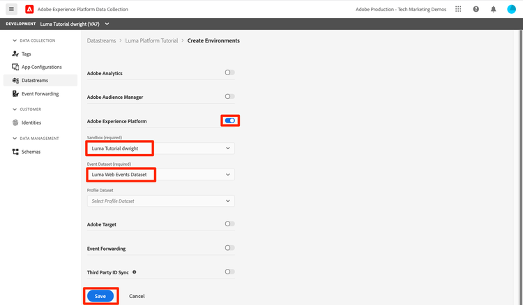 Configure the datastream and save