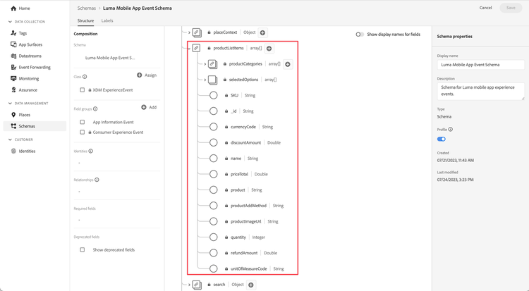 product list items schema