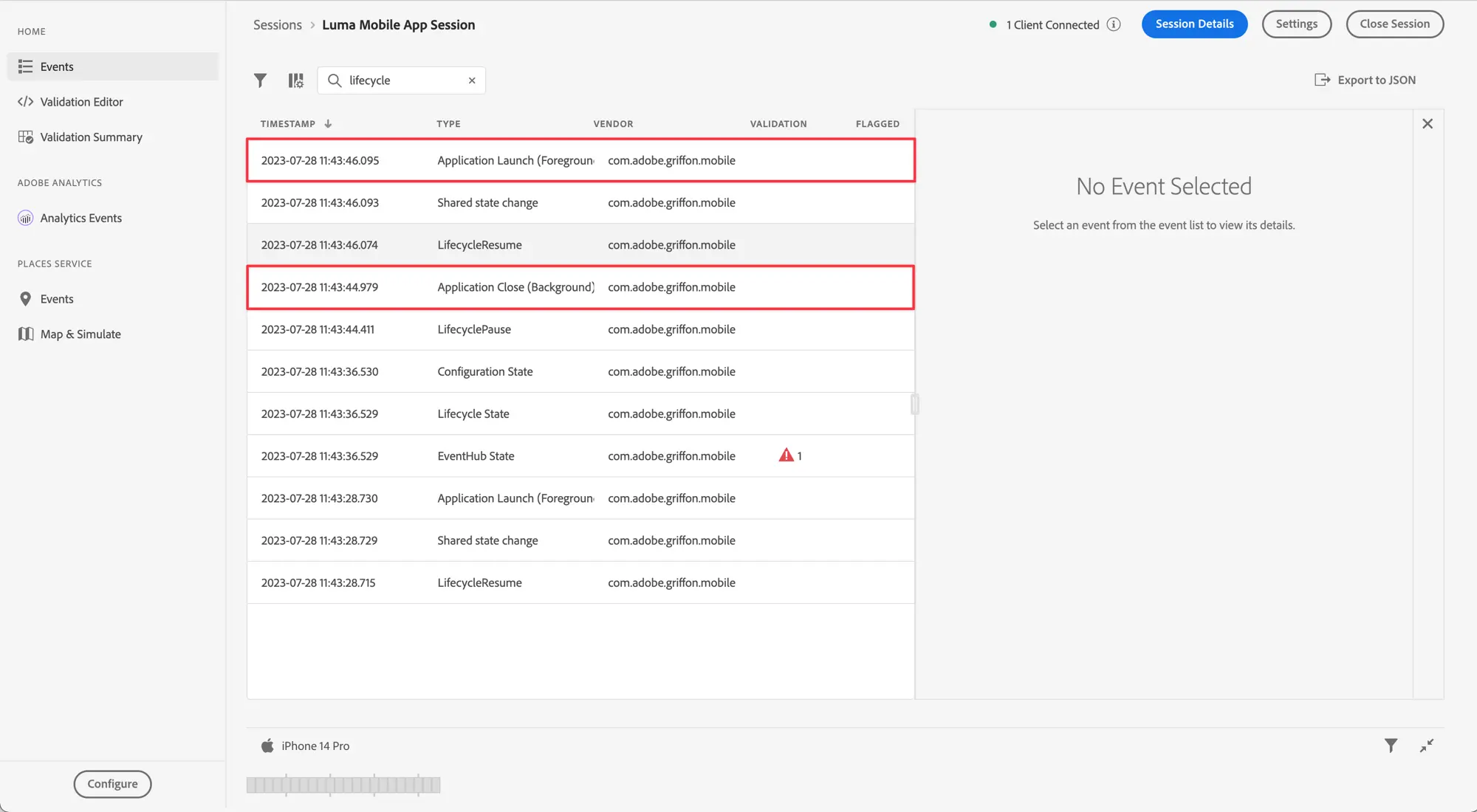 validate lifecycle sent to Platform Edge