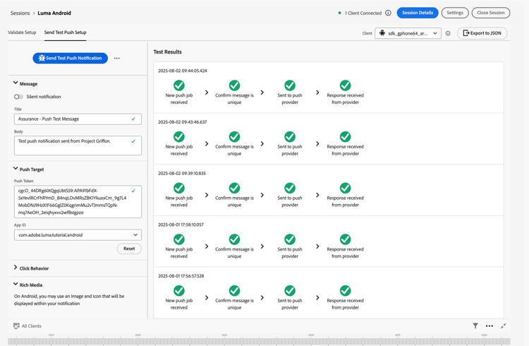Test push notifications from Assurance
