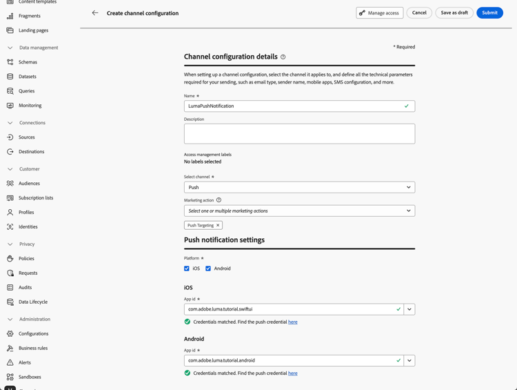 Push channel configuration