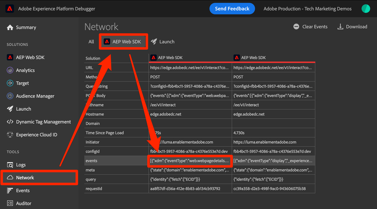 Network call in the Adobe Experience Platform debugger