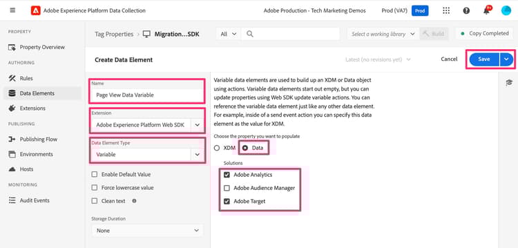 Configure variable data element