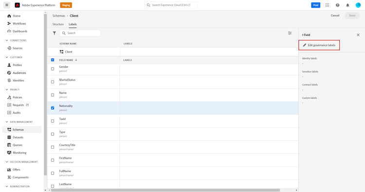 Edit governance labels for the field