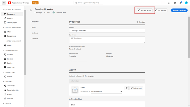 Manage access button in Adobe Journey Optimizer