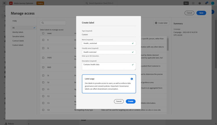 Label configuration fields