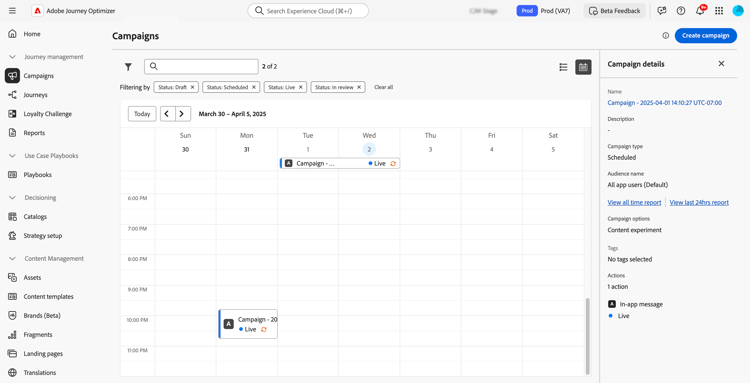 calendar view showing live campaigns