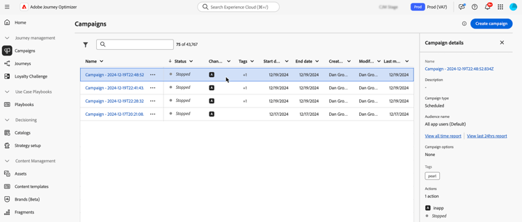 campaign list with the information pane opened