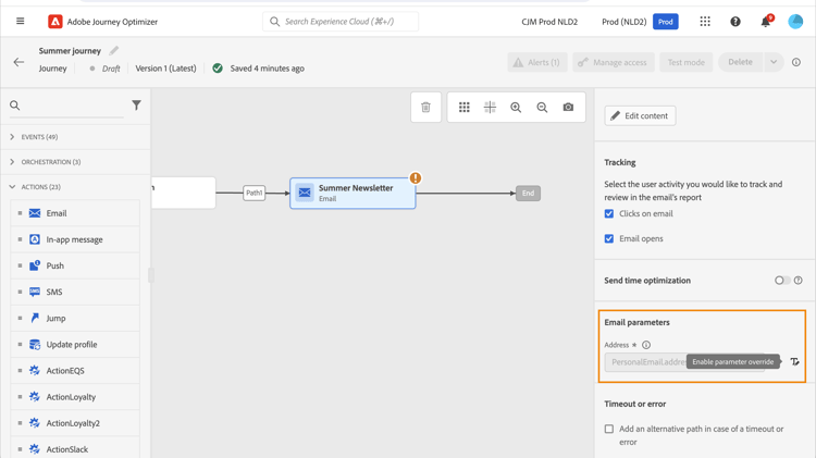 Enable parameter override option in the Email activity properties