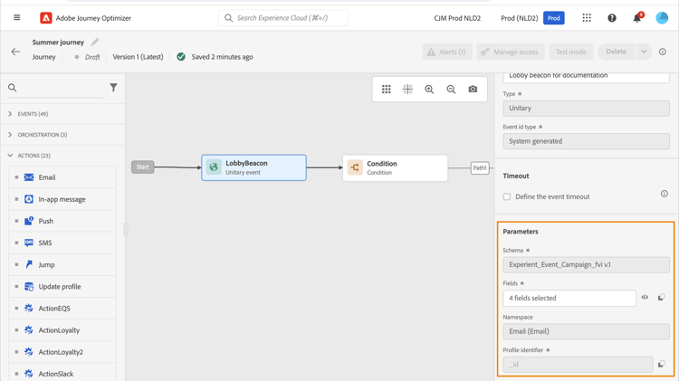 Advanced parameters fields in the journey activity properties