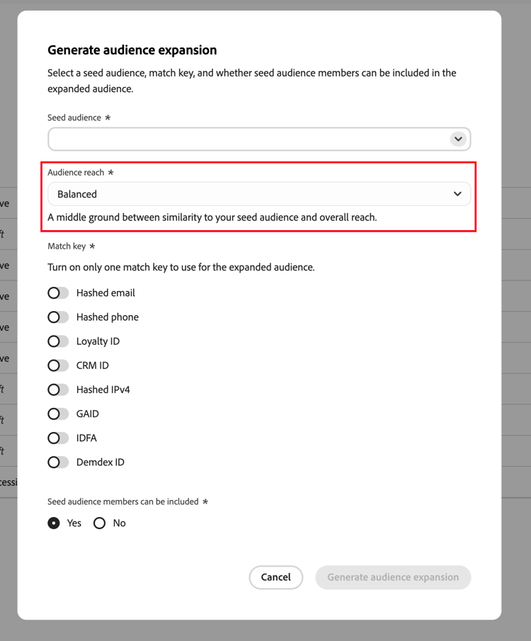 The Audience reach field in the Generate audience expansion dialog with the Balanced option selected and the description text below it.
