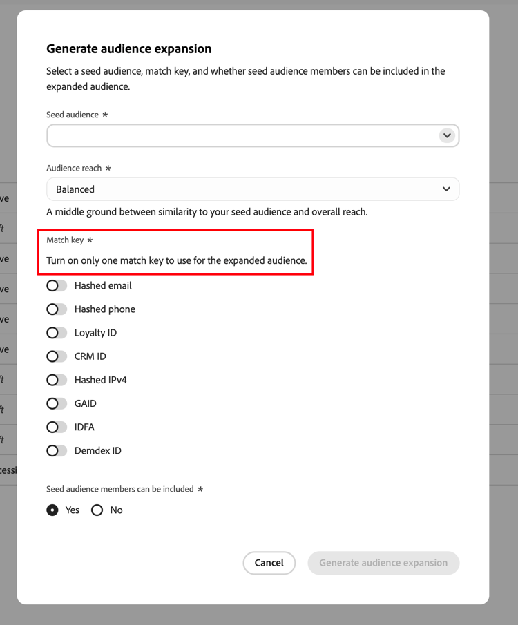 The Match key section in the Generate audience expansion dialog with the available match key options.