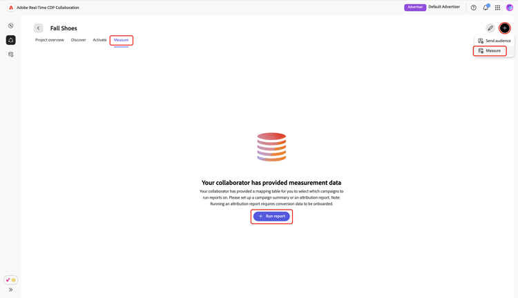 The Measure tab highlighting the Run report option and the Measure option.
