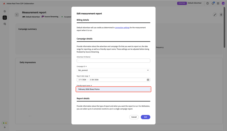 The Edit measurement report dialog highlighting the updated friendly report name.