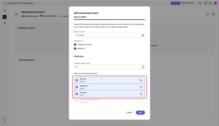 The Edit measurement report dialog highlighting the updated conversion events.