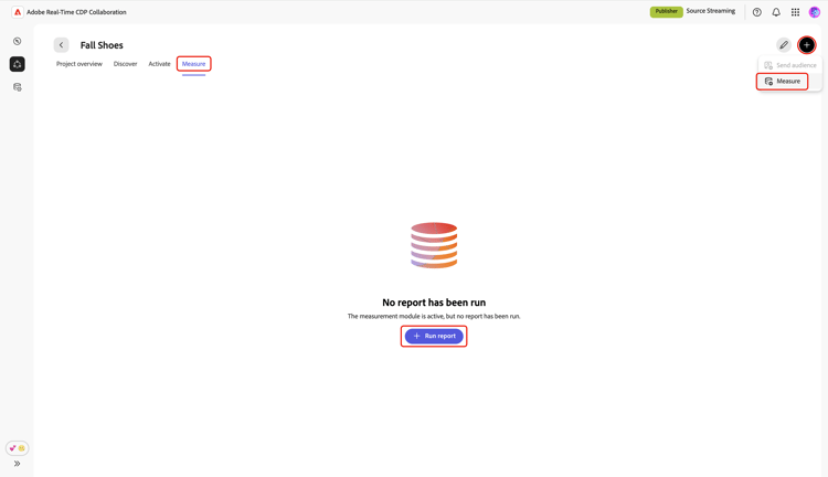 The Measure tab highlighting the Run report option and the Measure option.