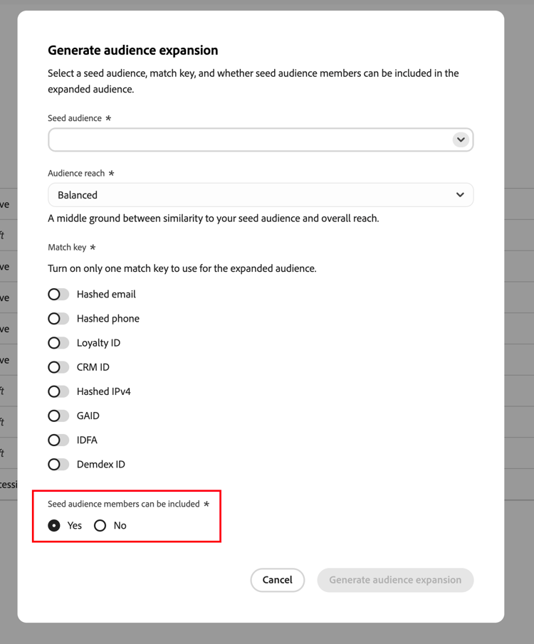The Seed audience members field in the Generate audience expansion dialog with the Yes and No radio buttons.