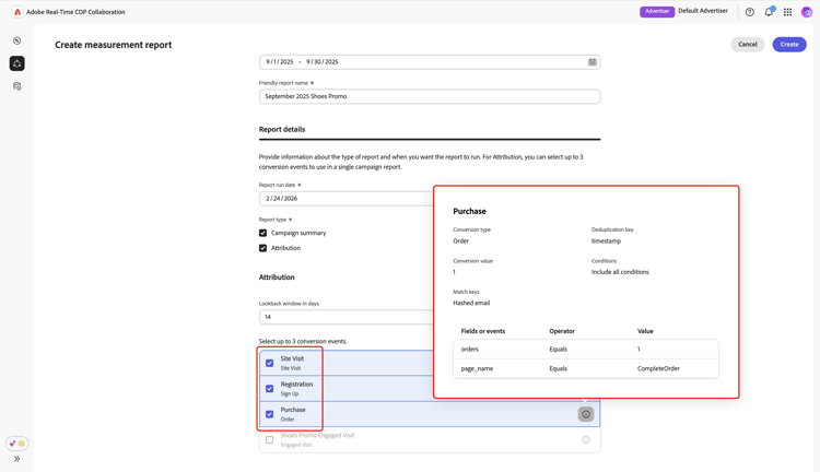 The Create measurement report screen highlighting the selected conversion events and the information of the Purchase event.
