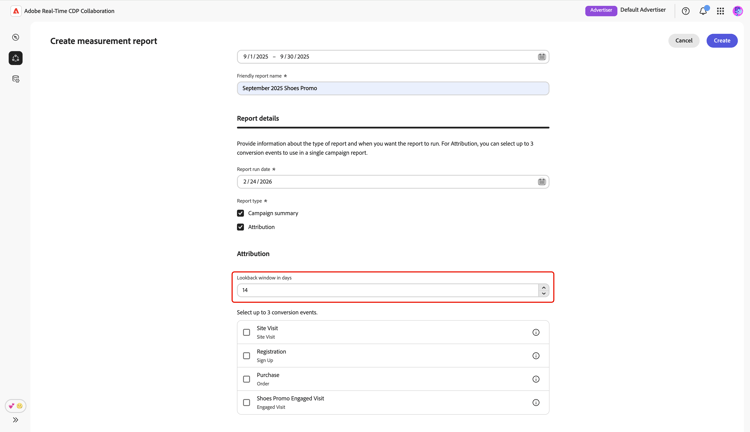 The Create measurement report screen highlighting the value for Lookback window in days.