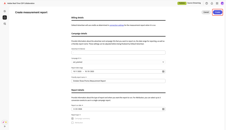 The Create measurement report screen showing the information and the Create option highlighted.