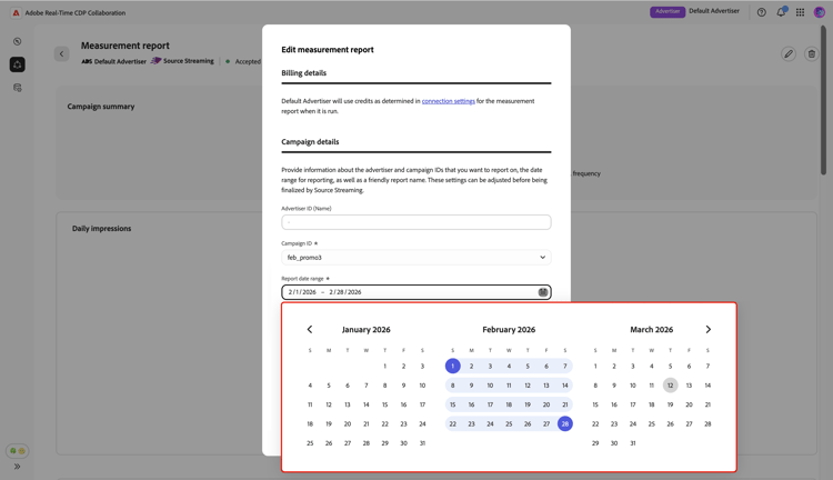 The Edit measurement report dialog highlighting the Report date range calendar open.