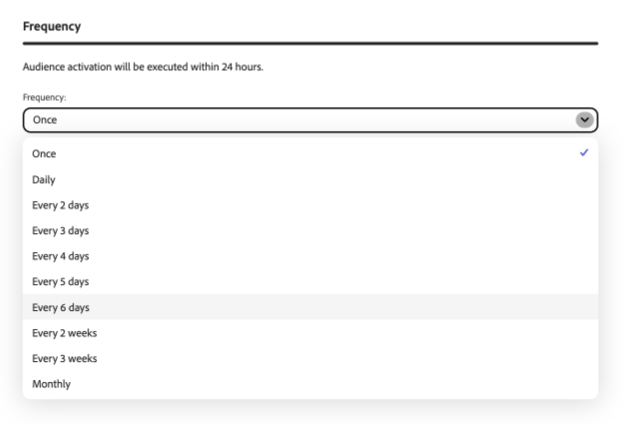 The Frequency dropdown in the audience activation workflow showing available options, including Once, Daily, every 2 to 6 days, every 2 to 3 weeks, and Monthly.