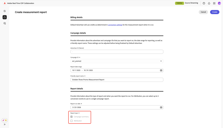 The Create measurement report screen showing the Campaign summary option as a preselected and unchangable report type.