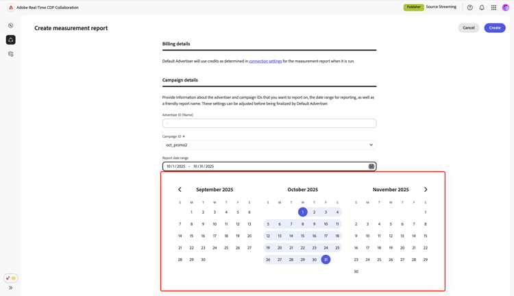 The Create measurement report screen showing the Report date range calendar.