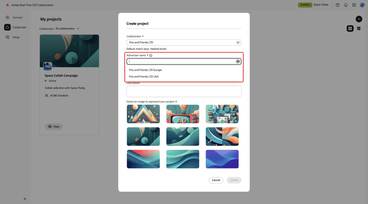 Create project dialog with collaborator selected and advertiser name highlighted.