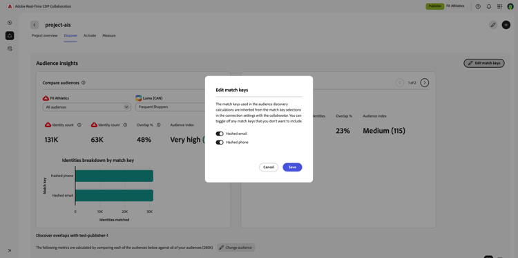 The Edit match keys dialog in the Discover workspace.
